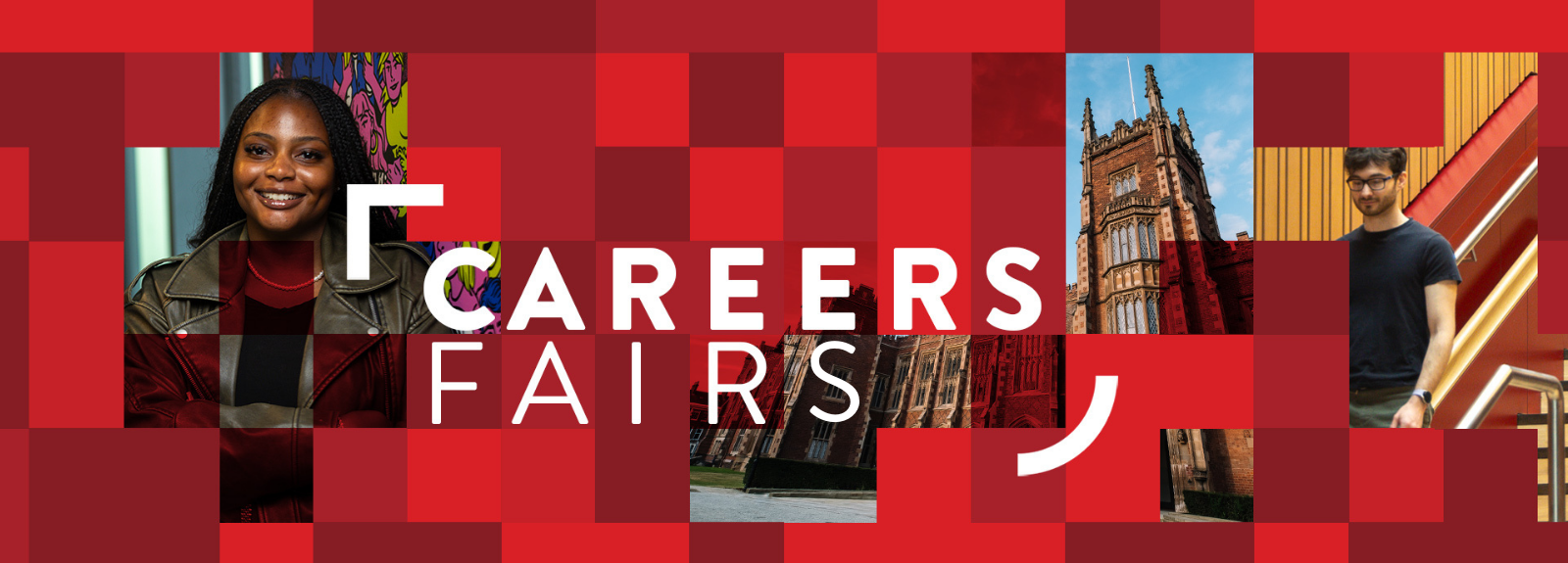 words careers fairs with a red background and students